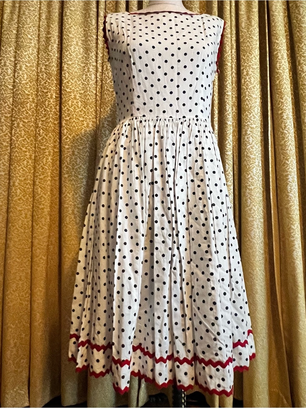 Vintage White Polka Dot Dress with Blue Dots and Red Trim